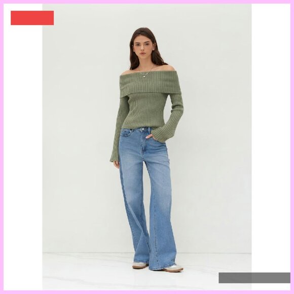 Off Shoulder Long Sleeve Knit Pullover Y2K Top Women's Going Out - Picture 3 of 4